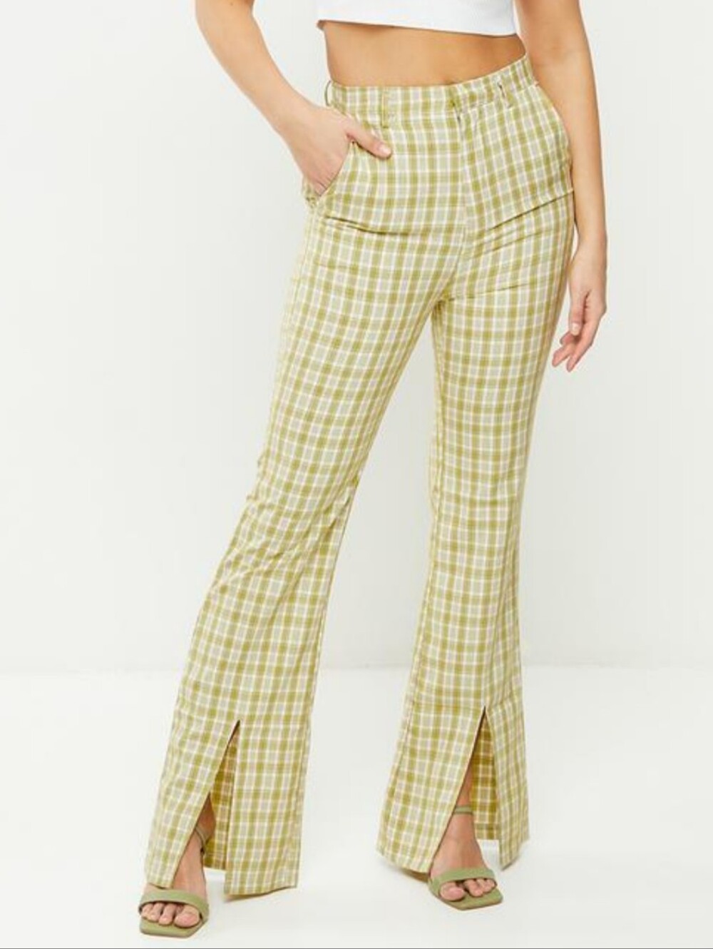 Daisy Street Womens Green Yellow Plaid Check Split Hem Flared Trousers Size 8